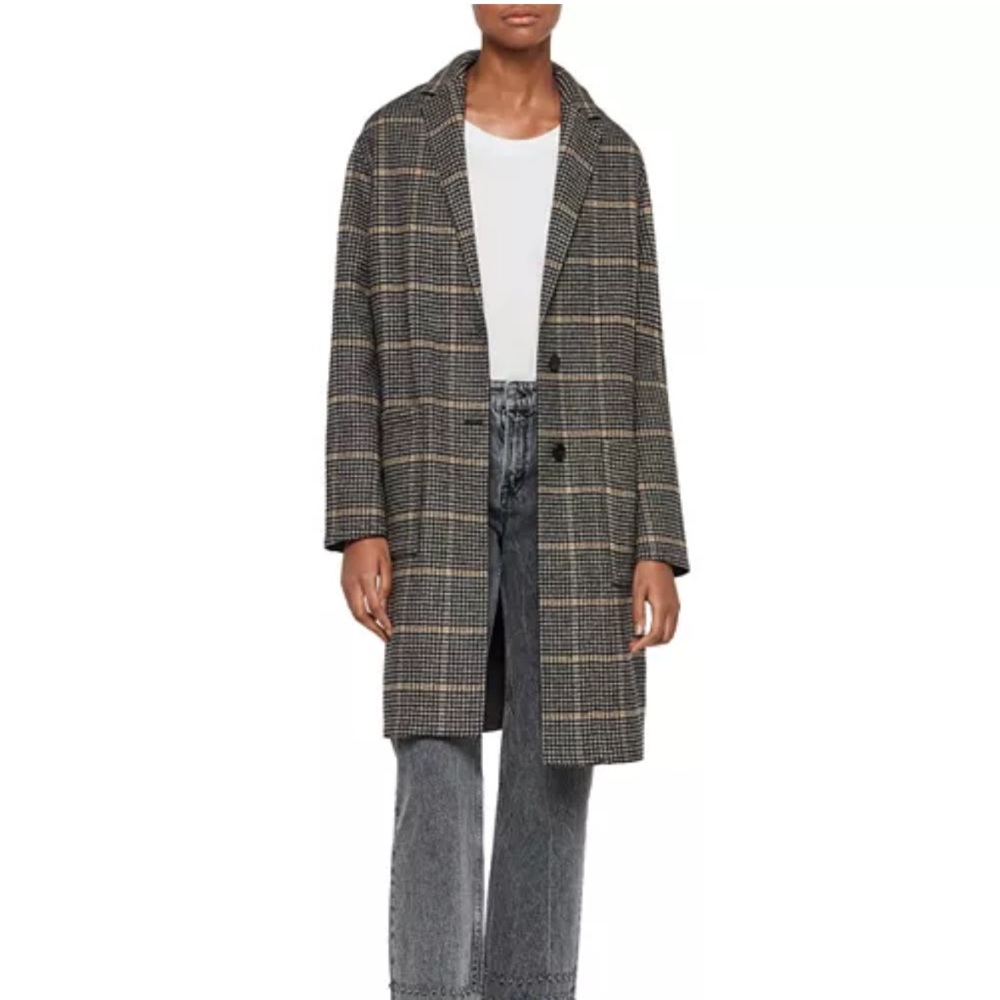 Allsaints Anya Aurora Houndstooth Wool Blend Coat Black/Camel - Fair Condition